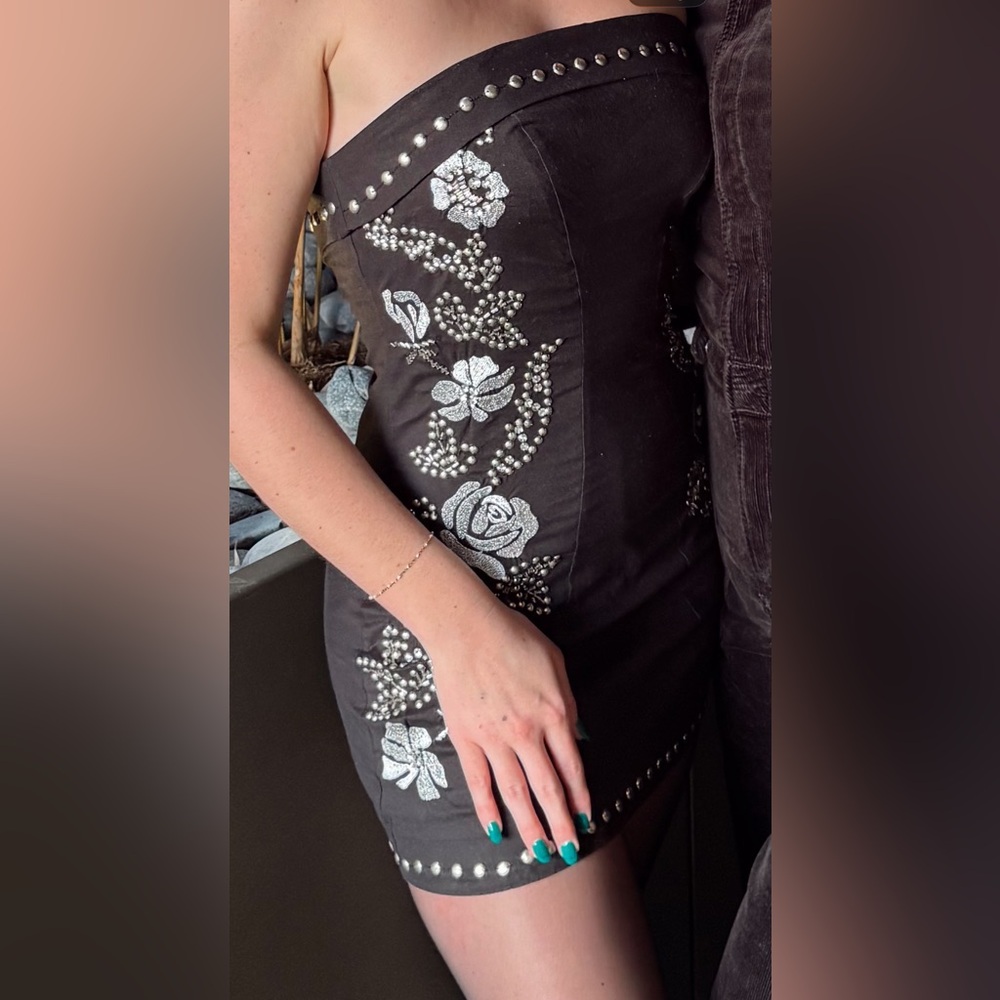 Free People Black Strapless Dress with Silver Floral Accents
